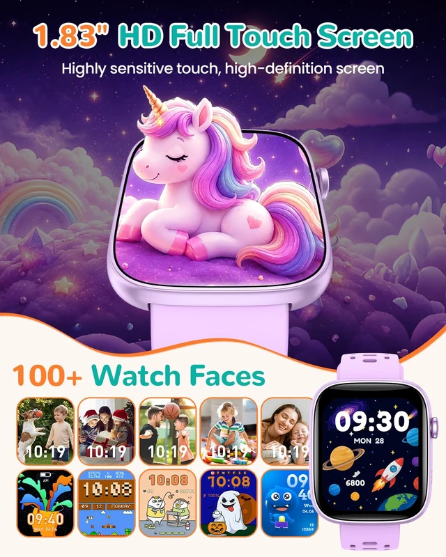 Alt view image 2 of 7 - Kids Smart Watch No Phone Needed, 1.83" Smart Watch Fitness Trackers Heart Rate/Sleep Monitor/IP68 Waterproof/Step Counter/Puzzle Games/Pedometer/Music for Boys Girls Teens 5-16, Purple