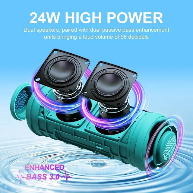Alt view image 2 of 7 - Bluetooth Bass Speaker 24W Loud Stereo Sound, Deep Bass, TWS Pairing, IPX7 Waterproof Dustproof,12H Playtime, RGB Light, Bluetooth Speakers Outdoor for Travel, Sport, Party, Biking (Teal)