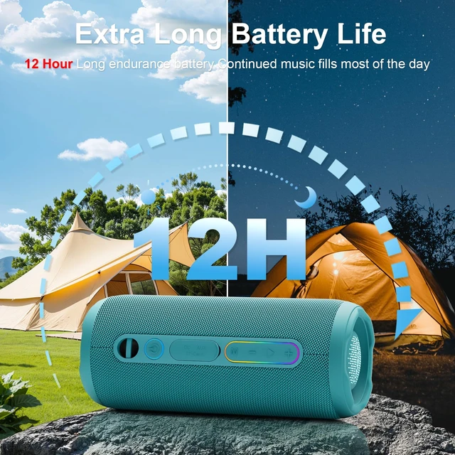 Alt view image 6 of 7 - Bluetooth Bass Speaker 24W Loud Stereo Sound, Deep Bass, TWS Pairing, IPX7 Waterproof Dustproof,12H Playtime, RGB Light, Bluetooth Speakers Outdoor for Travel, Sport, Party, Biking (Teal)