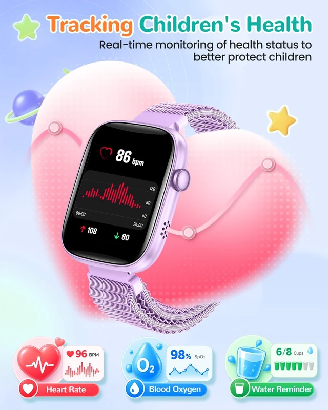 Alt view image 6 of 7 - Kids Smart Watch No Phone Needed, 1.83" Smart Watch Fitness Trackers Heart Rate/Sleep Monitor/IP68 Waterproof/Step Counter/Puzzle Games/Pedometer/Music for Boys Girls Teens 5-16, Purple