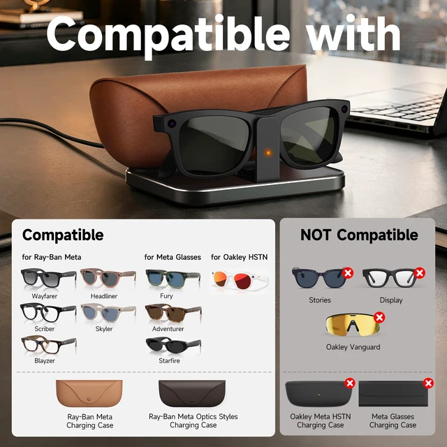 Alt view image 2 of 7 - 2 in 1 Charging Station for Ray-Ban Meta Glasses & Charging Case Foldable Magnetic Charger Dock for Wayfarer Skyler Headliner Blayzer Scriber Starfire Fury Adventurer Oakley HSTN