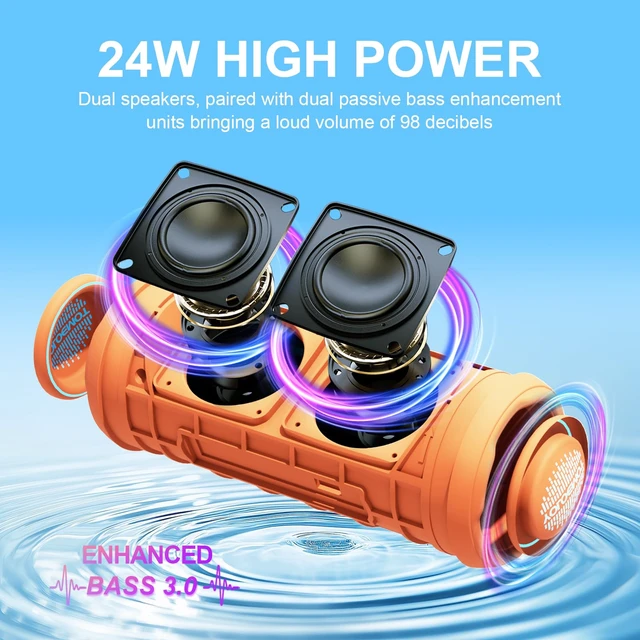 Alt view image 2 of 7 - Shower Bluetooth Speaker, IPX7 Waterproof, 24W Deep Bass, TWS Stereo Pairing, 12H Playtime, Outdoor Speaker for Travel, Sport, Party, Camping (Orange)