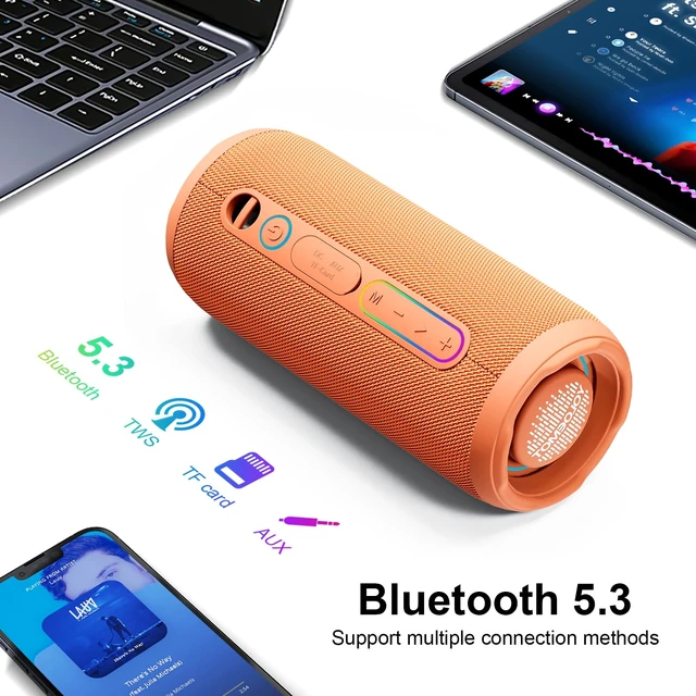 Alt view image 5 of 7 - Shower Bluetooth Speaker, IPX7 Waterproof, 24W Deep Bass, TWS Stereo Pairing, 12H Playtime, Outdoor Speaker for Travel, Sport, Party, Camping (Orange)