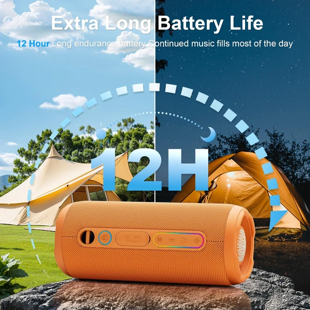 Alt view image 6 of 7 - Shower Bluetooth Speaker, IPX7 Waterproof, 24W Deep Bass, TWS Stereo Pairing, 12H Playtime, Outdoor Speaker for Travel, Sport, Party, Camping (Orange)