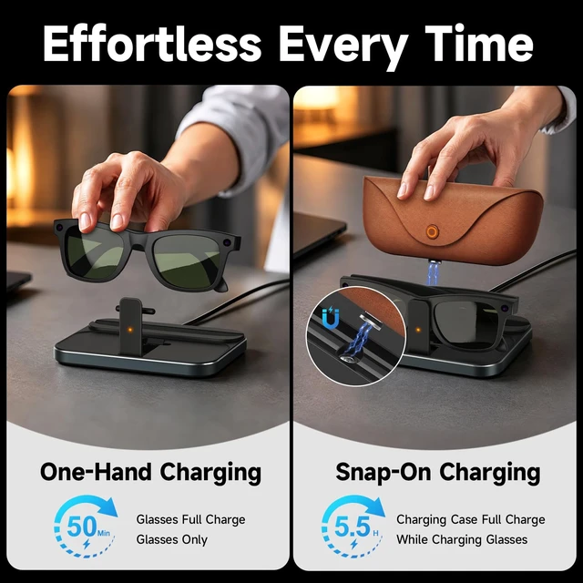 Alt view image 6 of 7 - 2 in 1 Charging Station for Ray-Ban Meta Glasses & Charging Case Foldable Magnetic Charger Dock for Wayfarer Skyler Headliner Blayzer Scriber Starfire Fury Adventurer Oakley HSTN