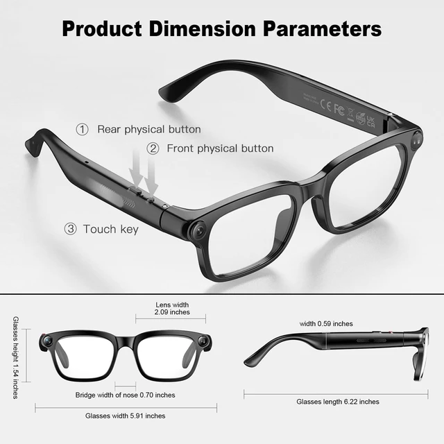 Alt view image 3 of 7 - Smart Glasses with Camera, 800W Anti-Shake Camera Glasses & 1080P Video Recording Dual Mic, AI Real-time Translation with 145 languages, 7H Music for Travel, Sports, Outdoor & Hands-Free Daily Use