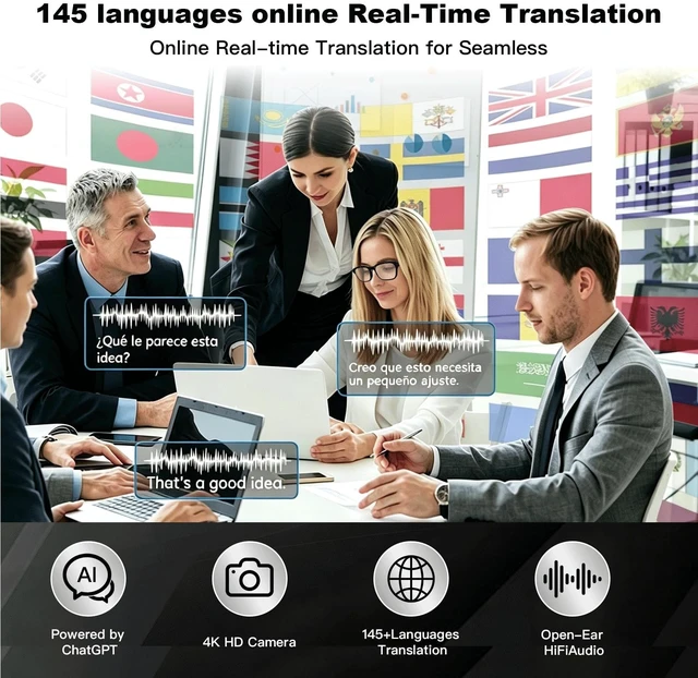 Alt view image 4 of 7 - Smart Glasses with Camera, 800W Anti-Shake Camera Glasses & 1080P Video Recording Dual Mic, AI Real-time Translation with 145 languages, 7H Music for Travel, Sports, Outdoor & Hands-Free Daily Use