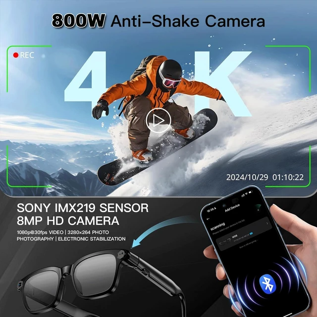 Alt view image 6 of 7 - Smart Glasses with Camera, 800W Anti-Shake Camera Glasses & 1080P Video Recording Dual Mic, AI Real-time Translation with 145 languages, 7H Music for Travel, Sports, Outdoor & Hands-Free Daily Use