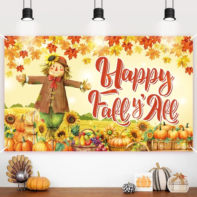 Main image of Fall Scarecrow Backdrop Happy Fall Y'all Banner Backdrop Autumn Harvest Pumpkin Photography Background for Thanksgiving Wall Home Party Decorations, 70.8 x 43.3 Inch