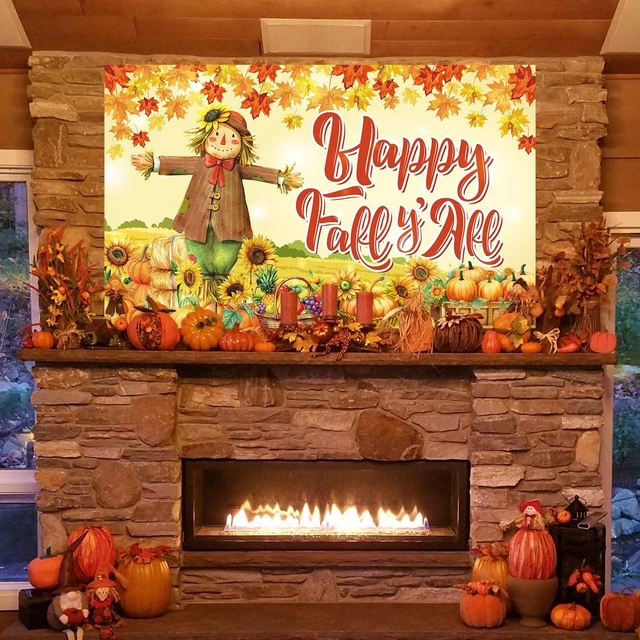 Alt view image 3 of 7 - Fall Scarecrow Backdrop Happy Fall Y'all Banner Backdrop Autumn Harvest Pumpkin Photography Background for Thanksgiving Wall Home Party Decorations, 70.8 x 43.3 Inch