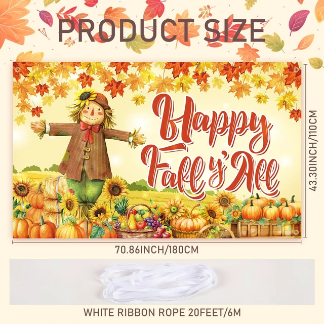 Alt view image 2 of 7 - Fall Scarecrow Backdrop Happy Fall Y'all Banner Backdrop Autumn Harvest Pumpkin Photography Background for Thanksgiving Wall Home Party Decorations, 70.8 x 43.3 Inch