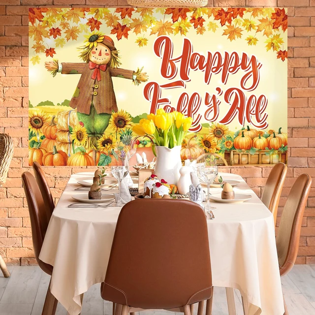 Alt view image 6 of 7 - Fall Scarecrow Backdrop Happy Fall Y'all Banner Backdrop Autumn Harvest Pumpkin Photography Background for Thanksgiving Wall Home Party Decorations, 70.8 x 43.3 Inch