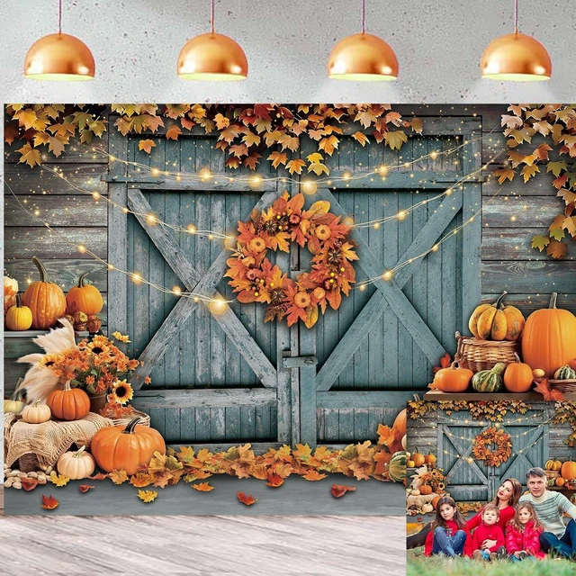 Main image of Fall Thanksgiving Backdrop Rustic Barn Door Autumn Pumpkin Harvest Photography Background Maple Leaves Garland Friendsgiving Family Party Decorations Photo Props (8x6FT)