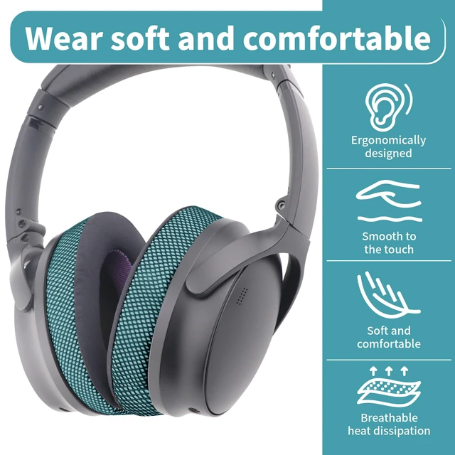 Alt view image 4 of 7 - Upgraded Cooling Gel Ear Pads Replacement for Bose QC25/QC35/QC45/AE2/AE2i/AE2w Headphones, Noise Cancelling, High-Density Memory Foam, Extra Thick and coolerIce Silk Fabric - Black/Green