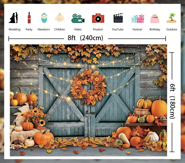 Alt view image 7 of 7 - Fall Thanksgiving Backdrop Rustic Barn Door Autumn Pumpkin Harvest Photography Background Maple Leaves Garland Friendsgiving Family Party Decorations Photo Props (8x6FT)
