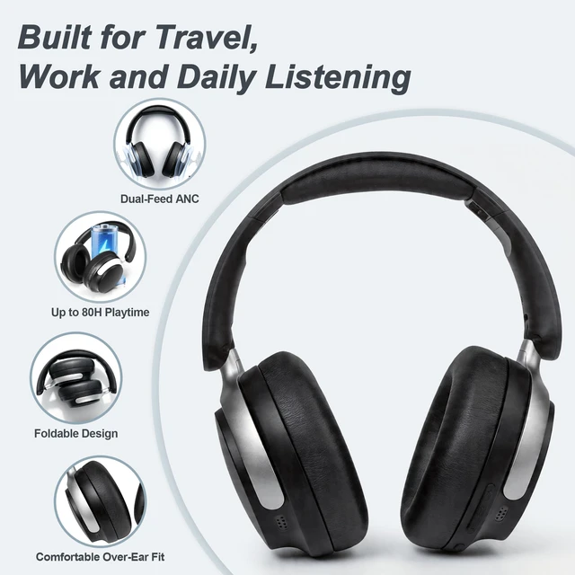 Alt view image 2 of 7 - Noise Cancelling Headphones: Dual-Feed ANC, 80H Battery Foldable wireless over-ear headphones for travel, work and study, with Transparency Mode and memory foam comfort