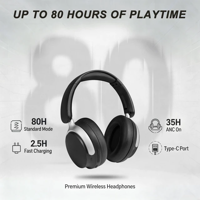 Alt view image 5 of 7 - Noise Cancelling Headphones: Dual-Feed ANC, 80H Battery Foldable wireless over-ear headphones for travel, work and study, with Transparency Mode and memory foam comfort