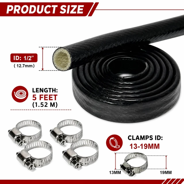 Alt view image 2 of 7 - 1/2" ID Heat Shielded Fire Sleeve w/ 4 Clamps - Black 5FT Silicone Coated Fiberglass Heat Protection for Automotive Hose Lines & Electrical Wiring