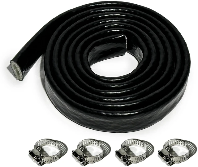 Main image of 1/2" ID Heat Shielded Fire Sleeve w/ 4 Clamps - Black 5FT Silicone Coated Fiberglass Heat Protection for Automotive Hose Lines & Electrical Wiring