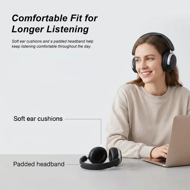 Alt view image 6 of 7 - Noise Cancelling Headphones: Dual-Feed ANC, 80H Battery Foldable wireless over-ear headphones for travel, work and study, with Transparency Mode and memory foam comfort