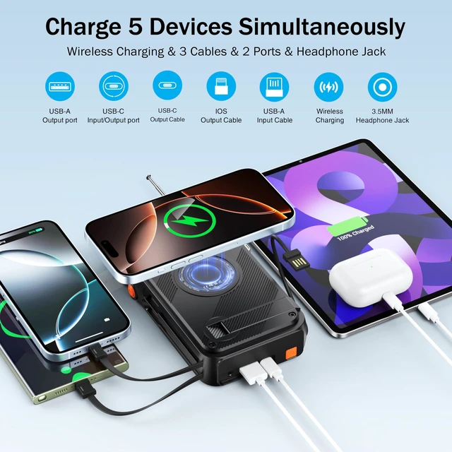 Alt view image 3 of 7 - 2-in-1 Emergency NOAA Weather Radio,22000mAh Solar Hand Crank Power Bank NOAA weather radio + solar power bank, hand crank, 20W USB-C, wireless charging, Bluetooth, SOS light & reading lamp