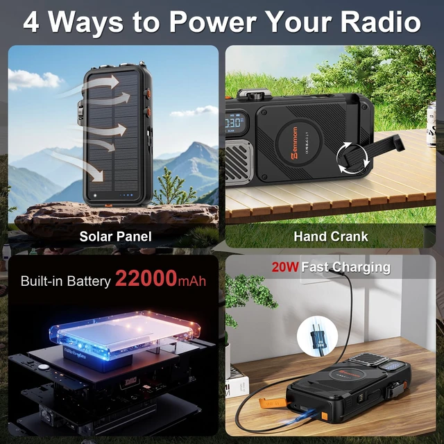 Alt view image 5 of 7 - 2-in-1 Emergency NOAA Weather Radio,22000mAh Solar Hand Crank Power Bank NOAA weather radio + solar power bank, hand crank, 20W USB-C, wireless charging, Bluetooth, SOS light & reading lamp