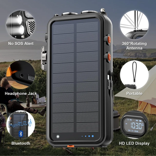 Alt view image 7 of 7 - 2-in-1 Emergency NOAA Weather Radio,22000mAh Solar Hand Crank Power Bank NOAA weather radio + solar power bank, hand crank, 20W USB-C, wireless charging, Bluetooth, SOS light & reading lamp