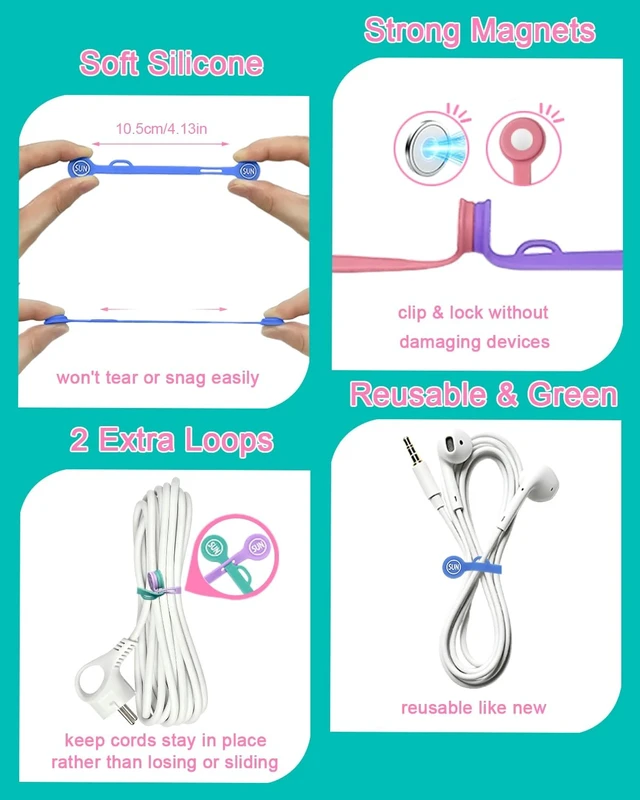 Alt view image 4 of 7 - Magnetic Cord Organizer Cable Cord Organizer Magnet Clips Design Patented Silicone Twist Tie Strap Holder Cord Wrap Keepers Reusable Multi-Purpose Home Office School Gifts 10 Pack Mermaid