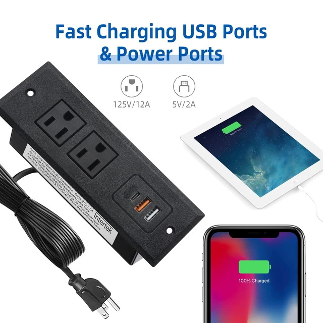 Alt view image 3 of 7 - 2 Pack Furniture Recessed Power Strip with USB C Port, Desk Outlet with 3 USB Ports, Conference Recessed Power Strip Socket with USB Ports with 2 Ac Plugs