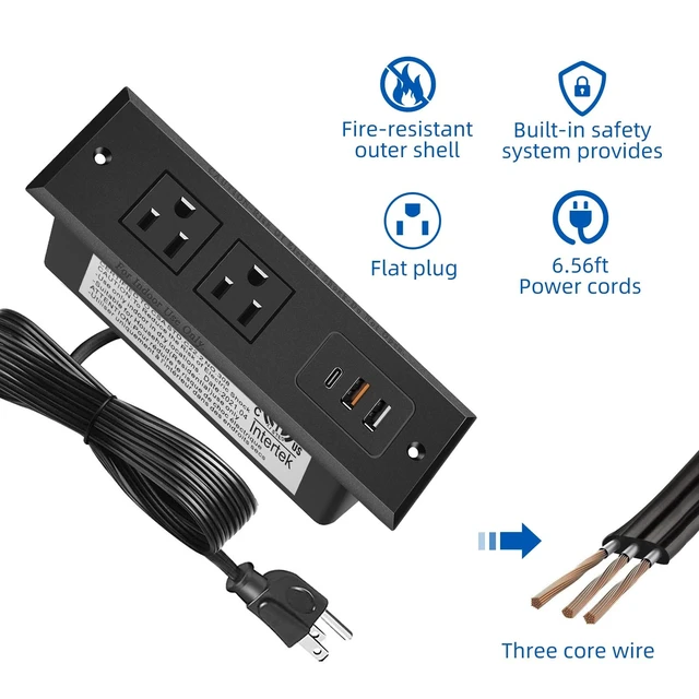 Alt view image 4 of 7 - 2 Pack Furniture Recessed Power Strip with USB C Port, Desk Outlet with 3 USB Ports, Conference Recessed Power Strip Socket with USB Ports with 2 Ac Plugs