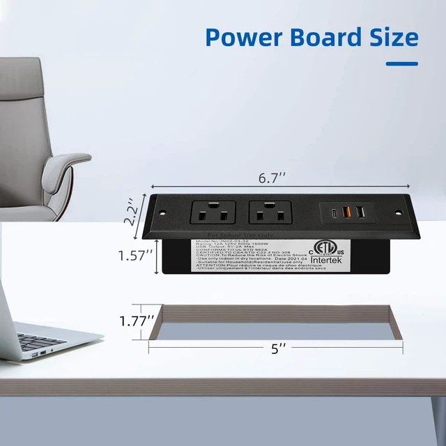 Alt view image 7 of 7 - 2 Pack Furniture Recessed Power Strip with USB C Port, Desk Outlet with 3 USB Ports, Conference Recessed Power Strip Socket with USB Ports with 2 Ac Plugs