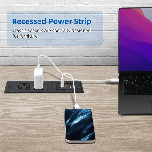 Alt view image 6 of 7 - 2 Pack Furniture Recessed Power Strip with USB C Port, Desk Outlet with 3 USB Ports, Conference Recessed Power Strip Socket with USB Ports with 2 Ac Plugs
