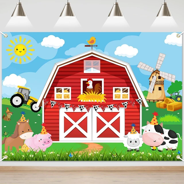 Main image of Red Barn Birthday Backdrop Farm Birthday Banner Decorations 7x5 ft Polyester, Farm Backdrop, Farm Party Decorations for Kids, Barn Door Animals Party Supplies, Photo Booth Props