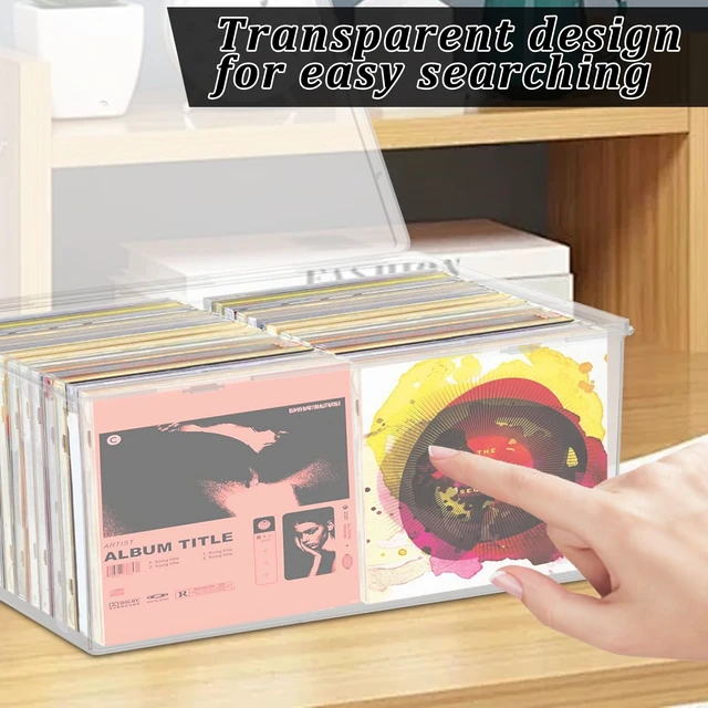 Alt view image 3 of 7 - Stackable Clear Plastic CD Organizer,11.9"x 8.5"CD Storage Box, Clear CD Holder Case with Lids Store 40+ CDs, Storage Container Shelf Organizer Bin for DVDs,Video Games, Blu-ray, Books, Home, Office