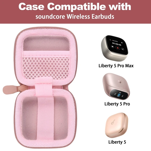 Alt view image 2 of 7 - for Soundcore Liberty 5 Pro Max/5 Pro/5 Earbuds Hard Travel Case, Pink Portable Protective Storage Bag with Mesh Pocket, Elastic Securing Strap & Carabiner, Shockproof EVA Shell and Soft Lining