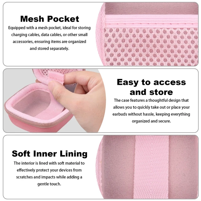 Alt view image 4 of 7 - for Soundcore Liberty 5 Pro Max/5 Pro/5 Earbuds Hard Travel Case, Pink Portable Protective Storage Bag with Mesh Pocket, Elastic Securing Strap & Carabiner, Shockproof EVA Shell and Soft Lining
