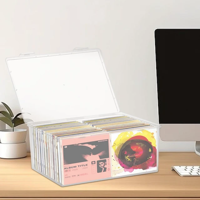 Alt view image 6 of 7 - Stackable Clear Plastic CD Organizer,11.9"x 8.5"CD Storage Box, Clear CD Holder Case with Lids Store 40+ CDs, Storage Container Shelf Organizer Bin for DVDs,Video Games, Blu-ray, Books, Home, Office