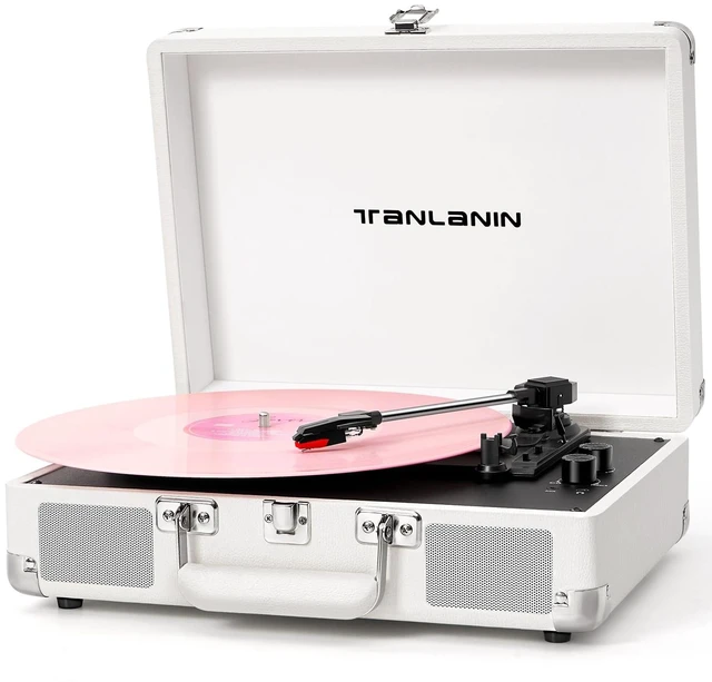 Main image of Record Player with Built-in Stereo Speakers 3-Speed Bluetooth Portable Suitcase Vinyl Record Player Treble & Bass Gain Belt Drive Vintage Turntable AUX Line-in/Out, White