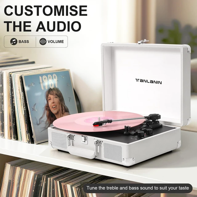 Alt view image 2 of 7 - Record Player with Built-in Stereo Speakers 3-Speed Bluetooth Portable Suitcase Vinyl Record Player Treble & Bass Gain Belt Drive Vintage Turntable AUX Line-in/Out, White