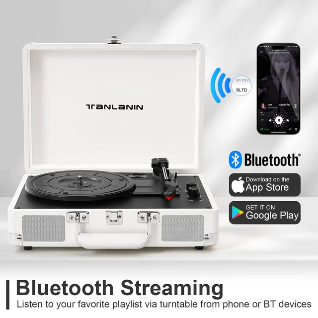 Alt view image 3 of 7 - Record Player with Built-in Stereo Speakers 3-Speed Bluetooth Portable Suitcase Vinyl Record Player Treble & Bass Gain Belt Drive Vintage Turntable AUX Line-in/Out, White