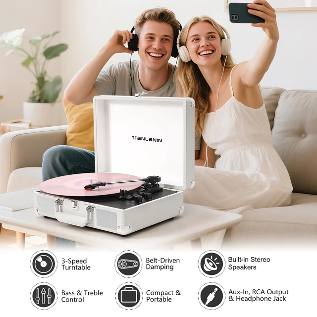 Alt view image 4 of 7 - Record Player with Built-in Stereo Speakers 3-Speed Bluetooth Portable Suitcase Vinyl Record Player Treble & Bass Gain Belt Drive Vintage Turntable AUX Line-in/Out, White