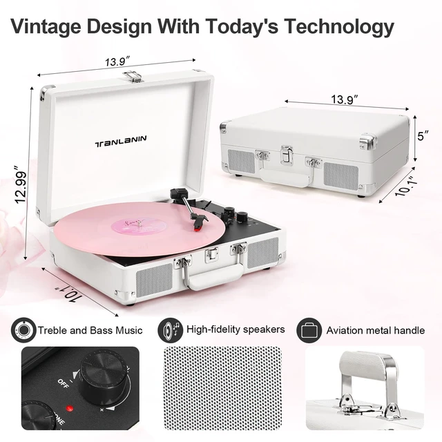 Alt view image 6 of 7 - Record Player with Built-in Stereo Speakers 3-Speed Bluetooth Portable Suitcase Vinyl Record Player Treble & Bass Gain Belt Drive Vintage Turntable AUX Line-in/Out, White