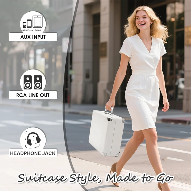 Alt view image 5 of 7 - Record Player with Built-in Stereo Speakers 3-Speed Bluetooth Portable Suitcase Vinyl Record Player Treble & Bass Gain Belt Drive Vintage Turntable AUX Line-in/Out, White