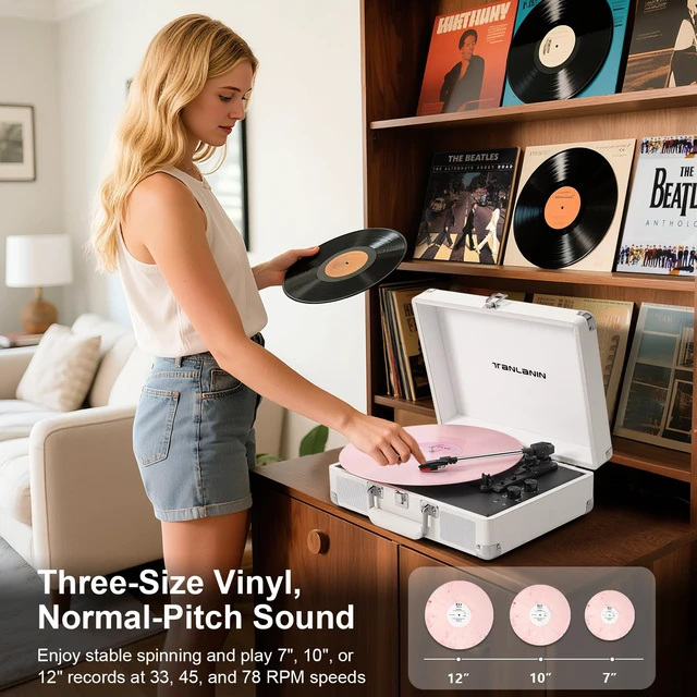 Alt view image 7 of 7 - Record Player with Built-in Stereo Speakers 3-Speed Bluetooth Portable Suitcase Vinyl Record Player Treble & Bass Gain Belt Drive Vintage Turntable AUX Line-in/Out, White