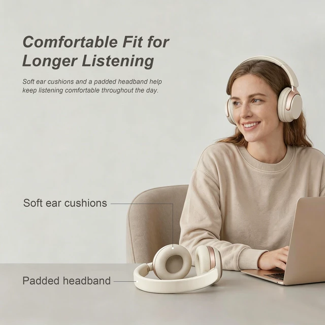 Alt view image 6 of 7 - Noise Cancelling Headphones: Dual-Feed ANC, 80H Battery Foldable wireless over-ear headphones for travel, work and study, with Transparency Mode and memory foam comfort