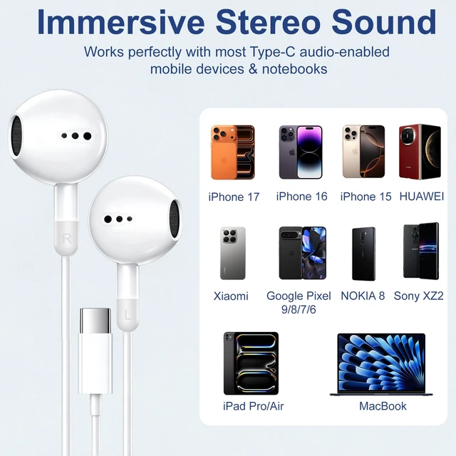 Alt view image 7 of 7 - 2 Pack USB C Headphones for iPhone 18Pro 17 16 15 with Mic & Remote Control Wired Earbuds Noise Isolation In-Ear Headphones for 18Pro/17/16/15 Series, Galaxy, Pixel, iPad Pro and More USB-C Devices