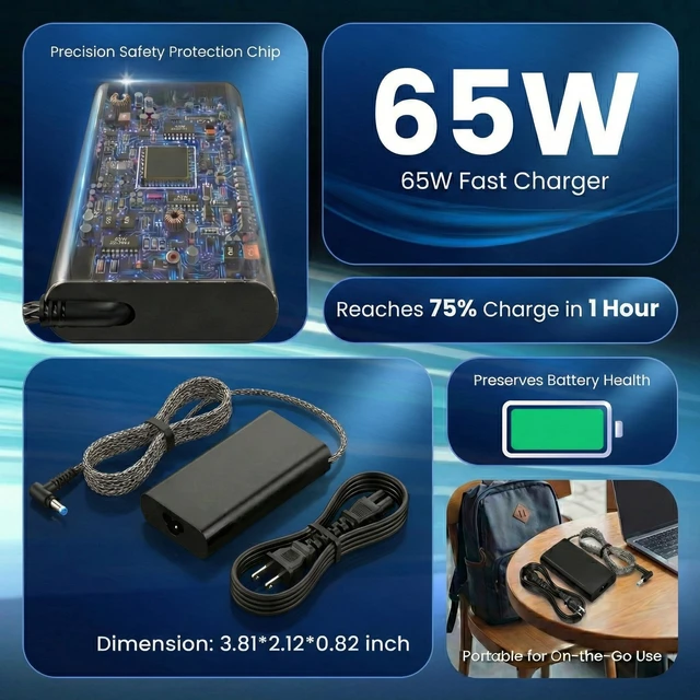 Alt view image 6 of 7 - 65W AC Adapter Laptop Charger Replacement for HP Pavilion & Envy 14 Series 4.5x3.0mm Tip