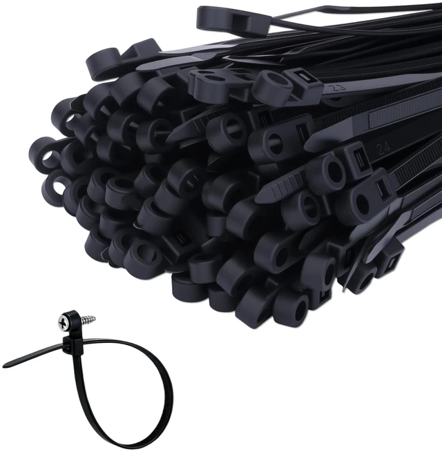 Main image of 200PCS 10 Inch Zip Ties with Screw Hole, 75lbs Tensile Strength Heavy Duty, Mountable Cable Ties for Indoor & Outdoor Use, Black Nylon Universal Cable Tie Buckle, UV