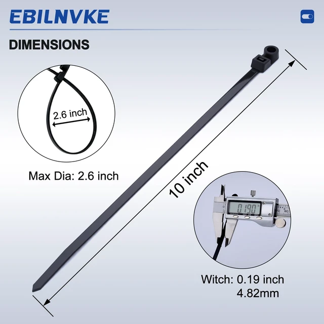 Alt view image 2 of 7 - 200PCS 10 Inch Zip Ties with Screw Hole, 75lbs Tensile Strength Heavy Duty, Mountable Cable Ties for Indoor & Outdoor Use, Black Nylon Universal Cable Tie Buckle, UV