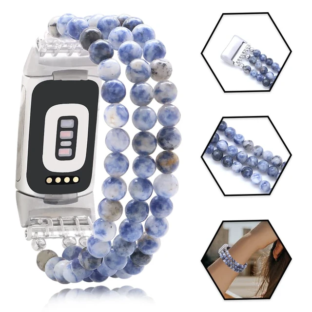 Alt view image 6 of 6 - Compatible with Fitbit Charge 6/5 Natural Gemstone Beaded Handmade Adjustable Bracelet Replacement Band for Women